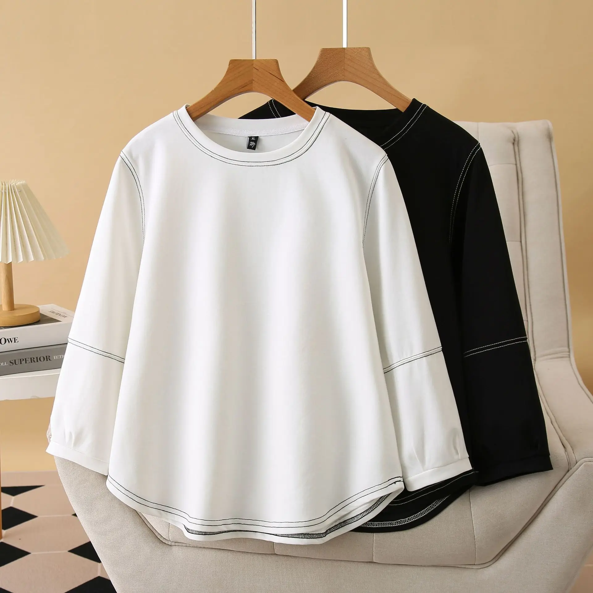 Spring 100kg Plus Size Top New Bright Line Lantern 3/4 Sleeved Women's Slimming T-shirt 2501