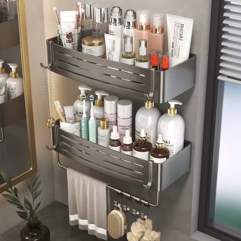 Bathroom Storage Shelf Wall Mounted No-Drill Aluminum Alloy For Shampoo Makeup Kitchen Organizer Accessory