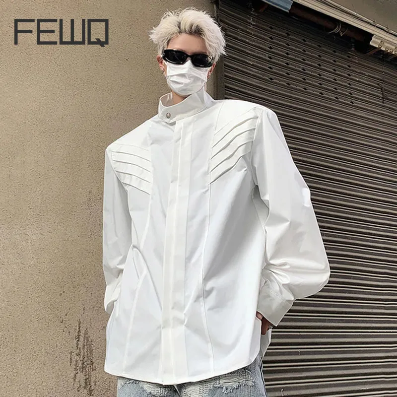 

Мужская плиссированная рубашка FEWQ, с воротником-стойкой и длинным рукавом, однобортный Топ на осень и зиму, 2023