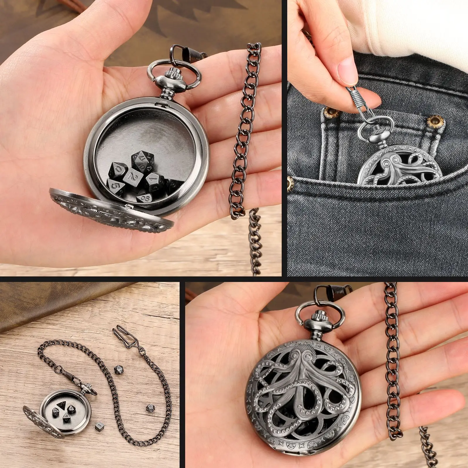 Hollow Pocket Watch Dice set Dragon Dice Pocket Watch Case for Gifts DND Case with Mini Metal Set shell dice set dice storage case