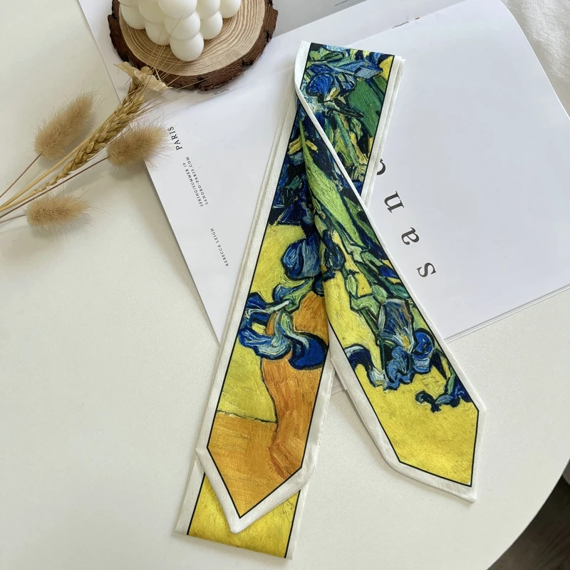Oil Painting Printed Long Hairband Skinny Neck Scarfs Women Headbands Fashion Hair Scarves Wrist Ribbon Bag Scarf For Women 4