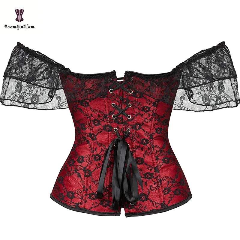 Red Floral X-mas Lingerie Women Outfit Steam Punk Clothing Off Shoulder Lace Up Boned Corsets And Bustiers Victorian Corselet