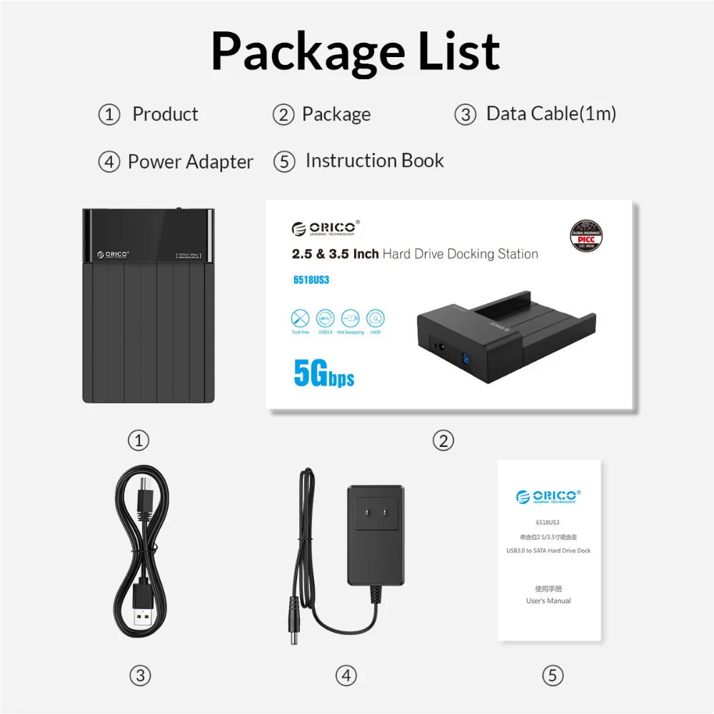 HDD Docking Station ORICO Lay-Flat HDD Docking Station SATA to USB 3.0 External Hard Drive Docking Station for 2.5/3.5inch HDD SSD Support UAS