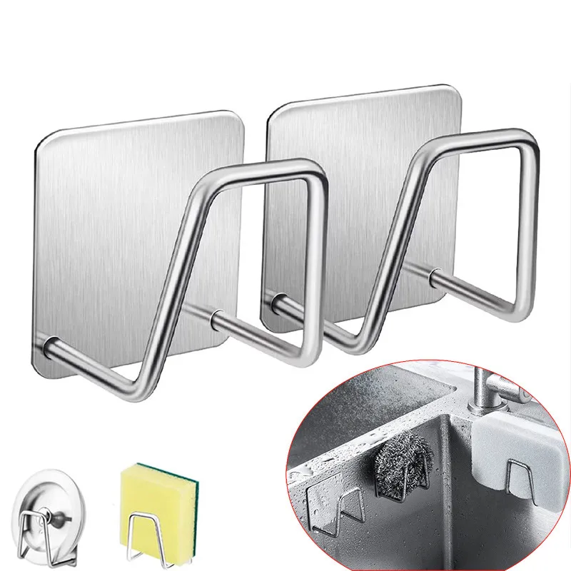 Sponge Holder Sink Caddy SUS304 Stainless Steel Strong Adhesive Hook Storage Holder Waterproof Rustproof for Kitchen sink sponge rack sink sponge holder 1/2Pcs