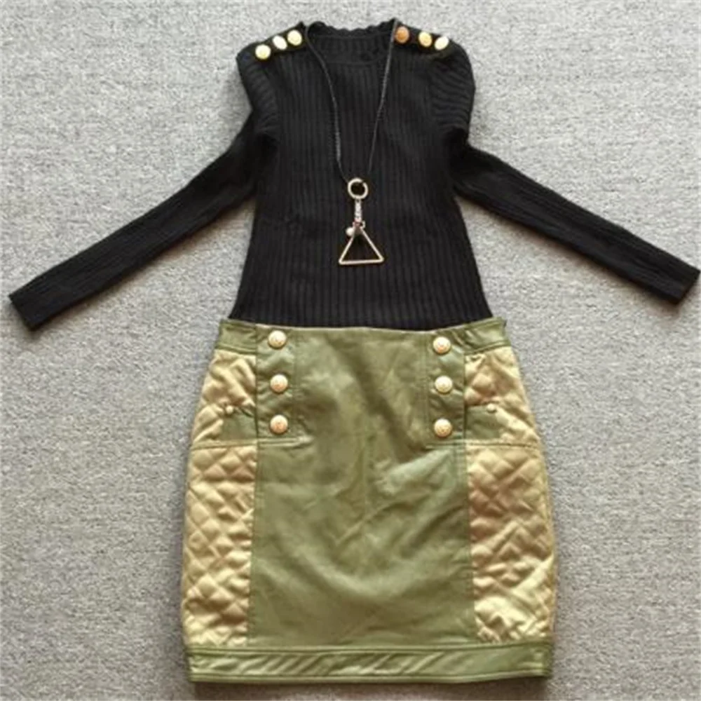 

autumn and winter fashion new PU Lingge A-line skirt Stitched metal buttons skirt women