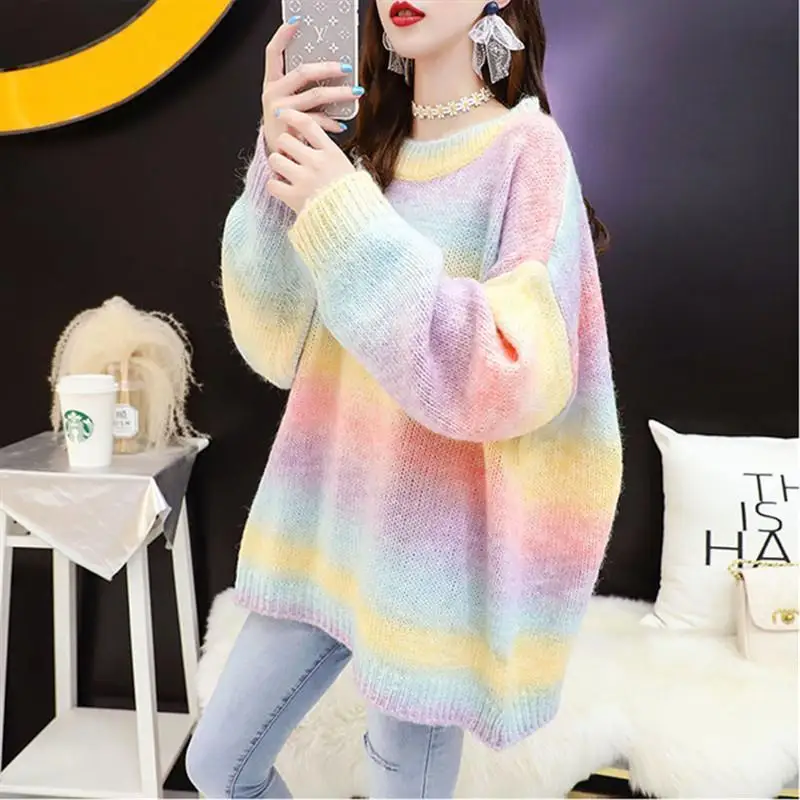 

Rainbow Japanese Ancient Sweater Pullover for Women Autumn 2023 Loose Cocoon O Neck Lazy Knitted Sweater Pullover Female Top