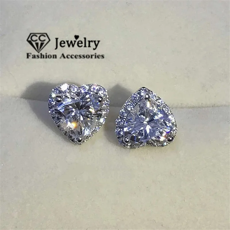 CC 925 Silver Needle Heart Cubic Zirconia Stud Earrings For Women Wedding Engagement Promise Bridal Jewelry CCE663 silver needle earrings silver stud earrings silver earrings studded earrings crystal ear studs womens earrings heart earrings