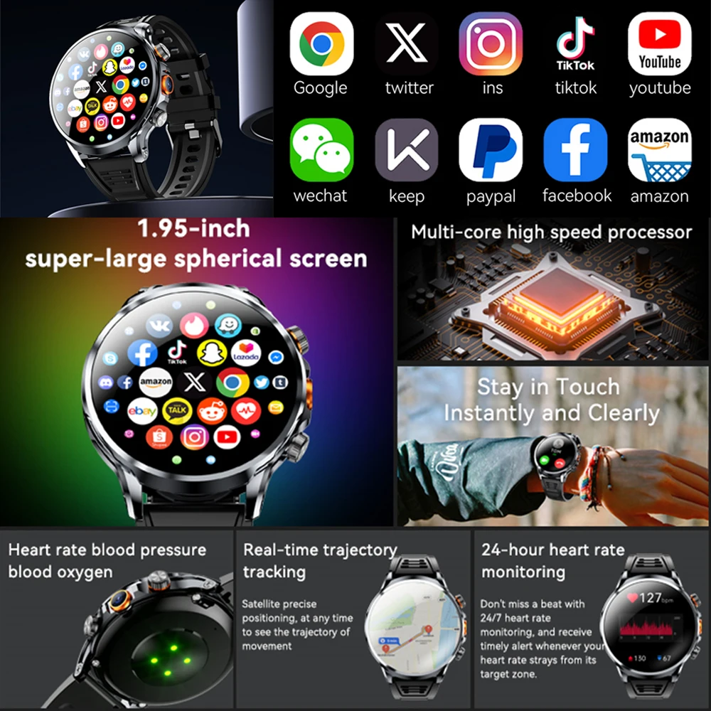 5G/4G Smart Watch Men 1.95 inch HD AMOLED 8GB+128GB RAM 500W Camera WatchSmart GPS WIFI Google APPS Download Smartwatch 1100mah 3