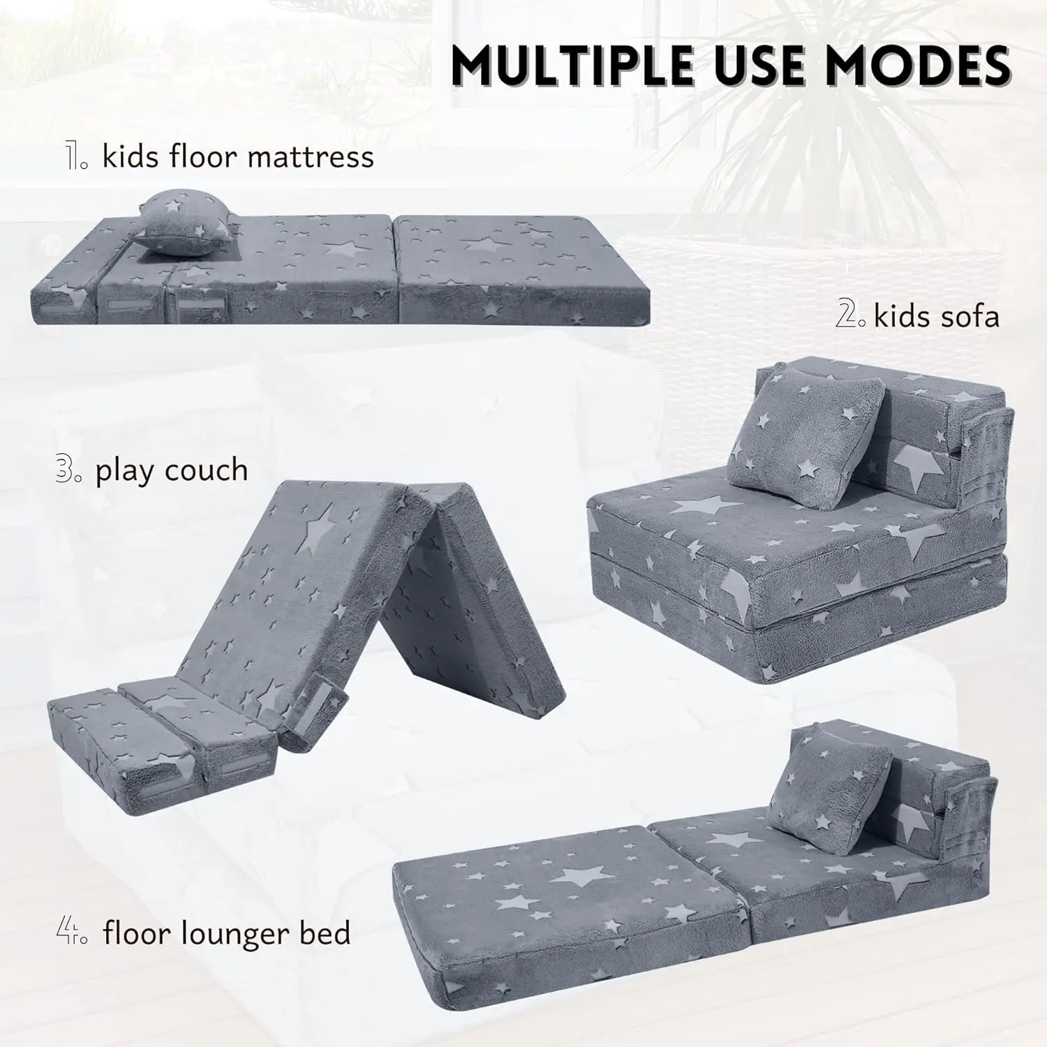 Glow Star Pattern Tri-Fold Sofa Bed for Kids, Foldable Futon Chair and Floor Couch, Convertible Trifold Mattress for Playroom