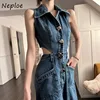 Hollow Out Denim Dress | New Lapel Neck Halter Vestidos Y2k Mid-length Jeans Dress for Women
