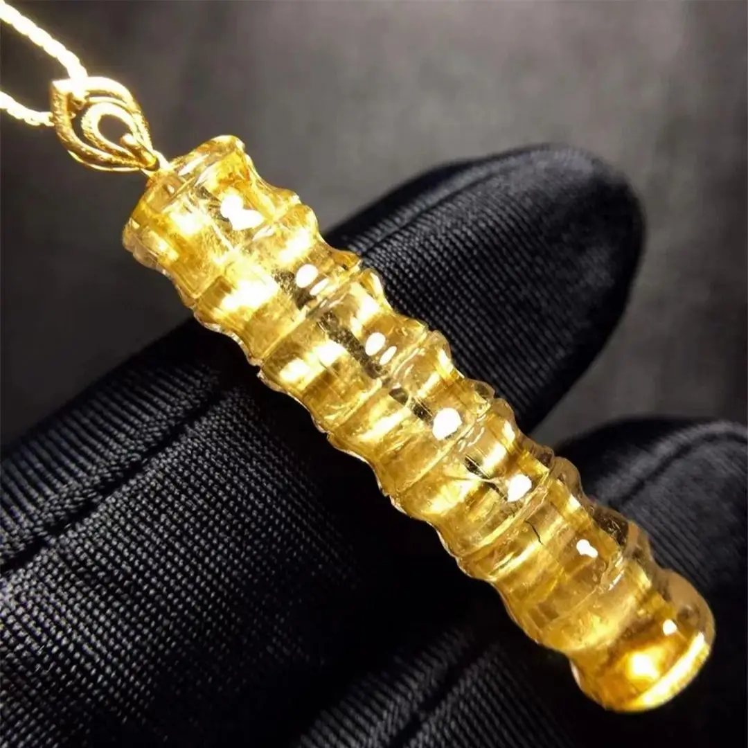

Top Natural Gold Rutilated Quartz Pendant Jewelry For Woman Lady Man Love Lucky Gift 18K Gold Reiki Crystal 32x7mm Beads AAAAA