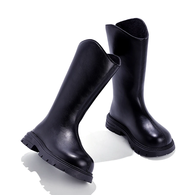 Winter Children's Long Boots Fashion Classic Black Brown Girls Platform Mid-calf Boots Simple Plush Kids Outdoor Cotton Boots