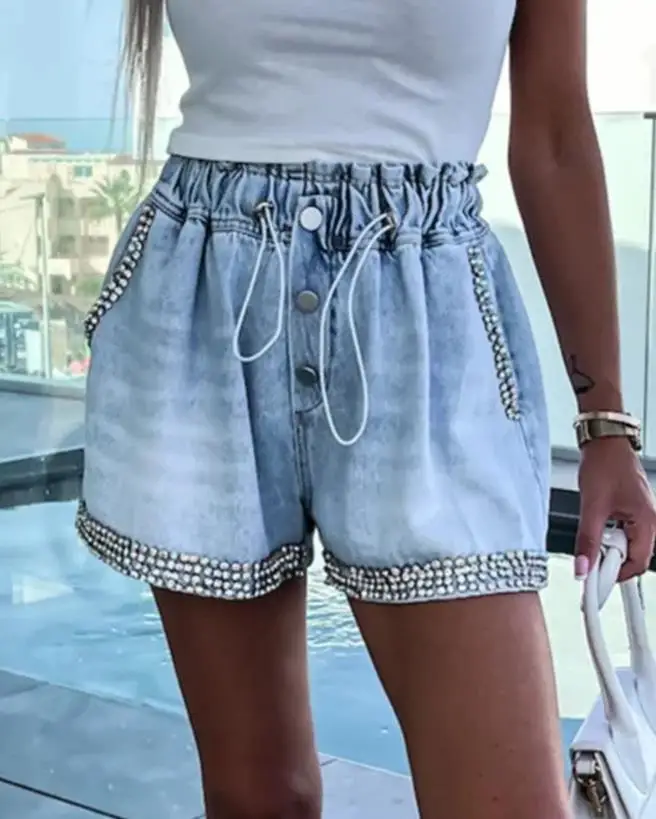 

2023 Summer New Casual Women's Jeans Fashion Commuting Foundation Rhinestone Pocket Design Denim Shorts Y2K