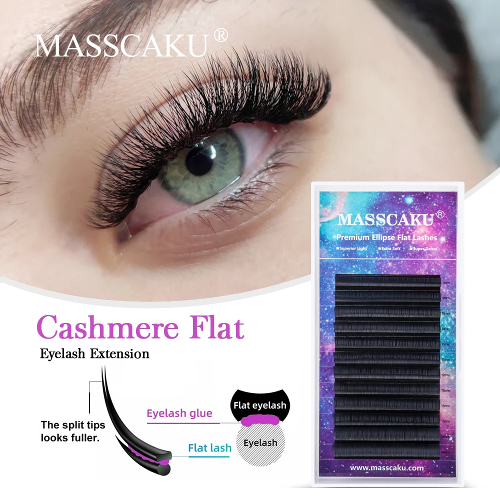 MASSCAKU Wholesale Ellipse Double Split Tip Cashmere Flat Individual False Lash Extensions Super Deep Black Faux Mink Eyelashes