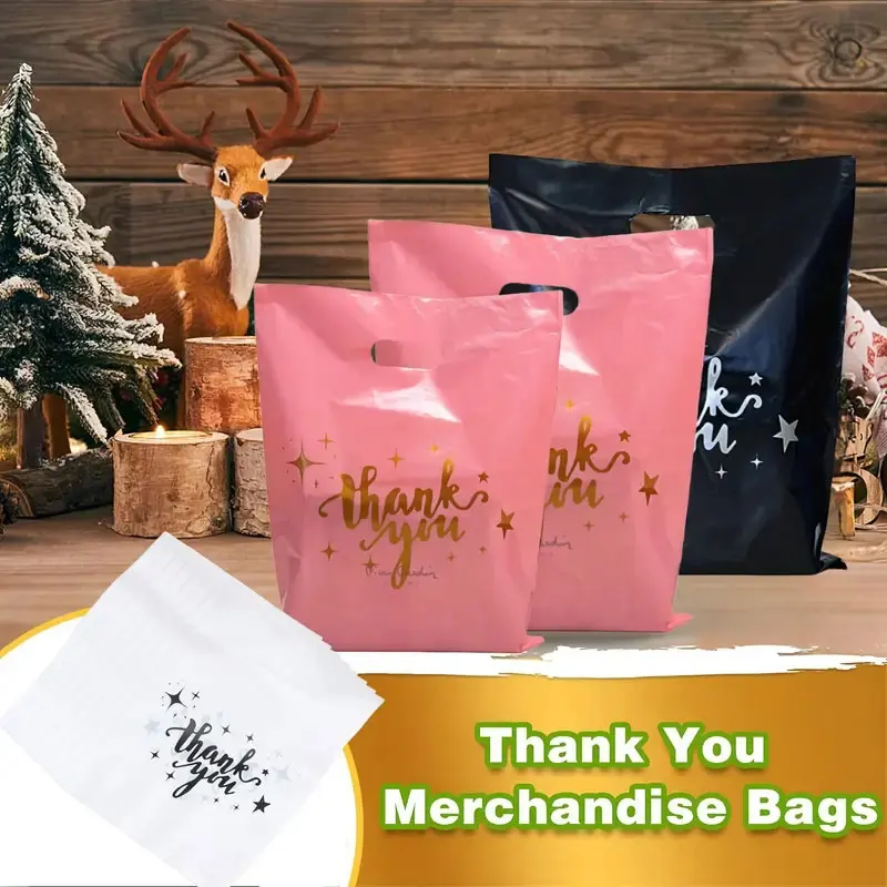 30/50/100PCS plastic thank-you bags with handles, small commercial shopping bags, gift bags, retail boutiques, clothing stores 5