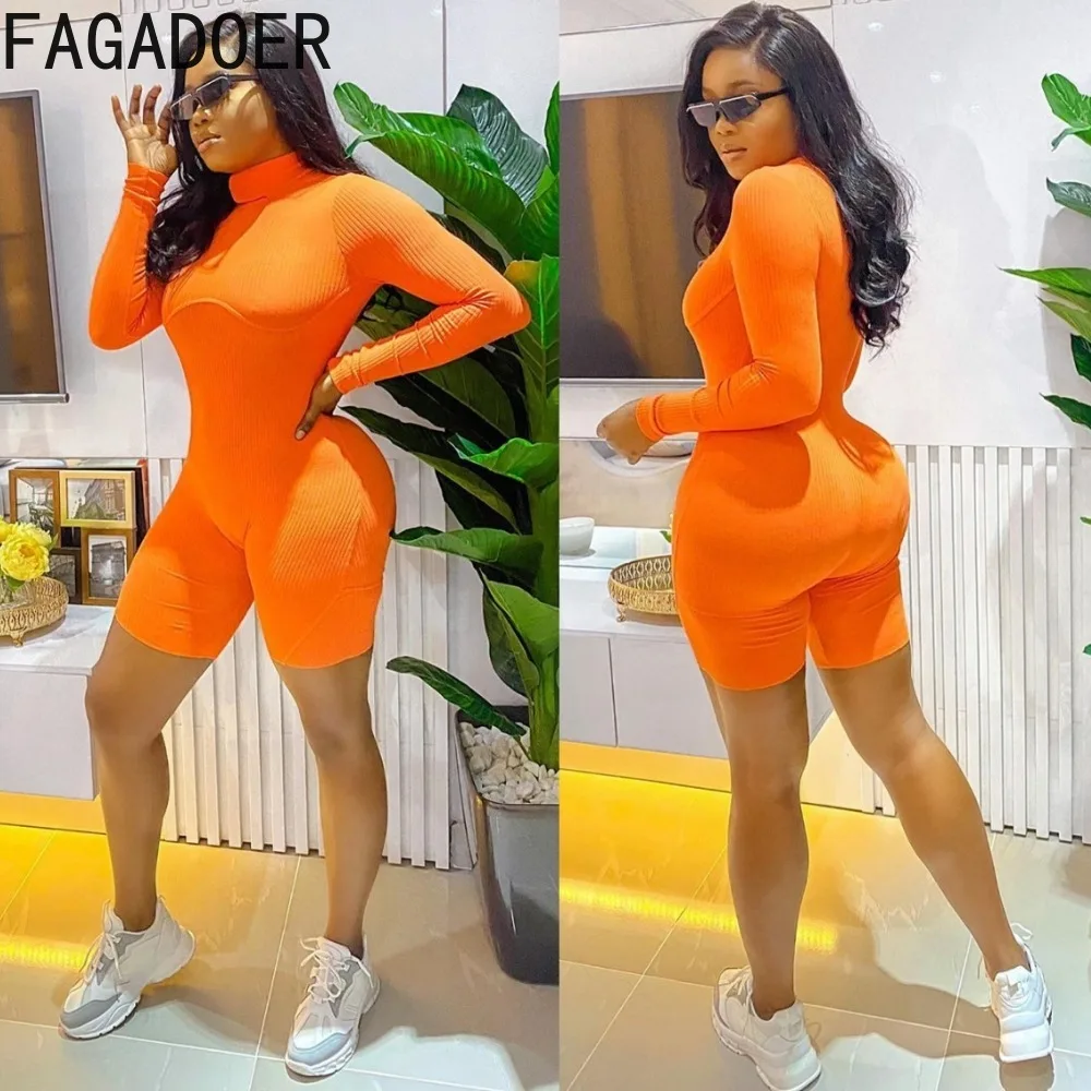 

FAGADOER Orange Casual Solid Color Sporty Rompers Women High Collar Long Sleeve Bodycon Jumpsuits Female Sporty Home Overalls