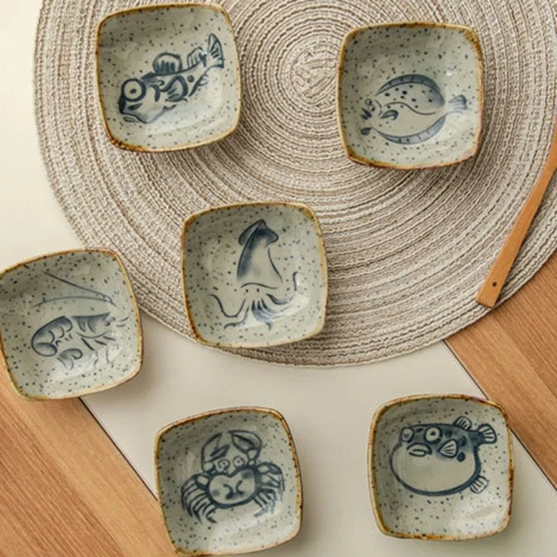 Japanese Vintage Ceramic Square Plate Creative Cartoon Seafood Sauce Dish Seasoning Plate Home Kitchen Tableware