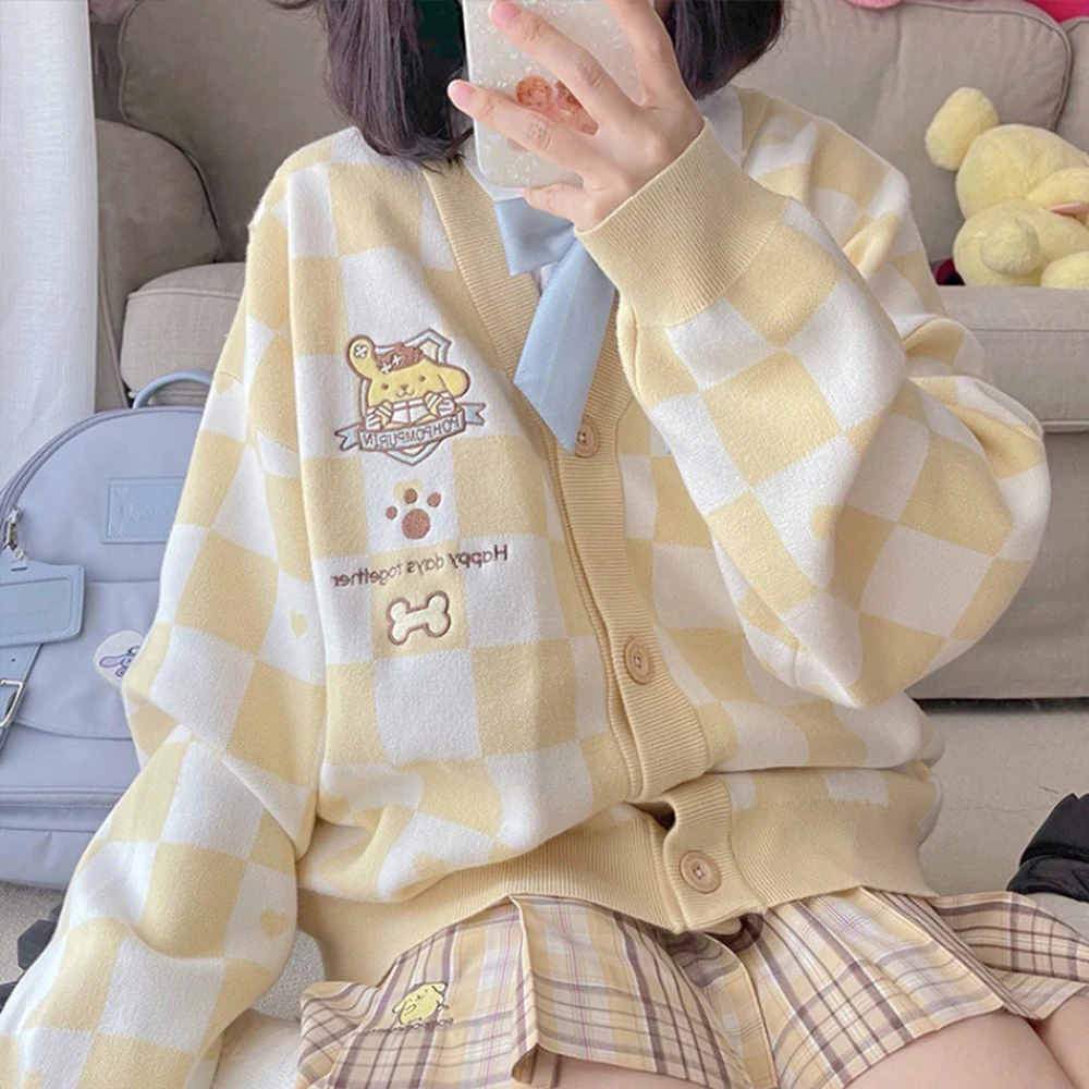 Cartoon Cinnamoroll Kuromi Embroidery Knitted Sweater Cardigan Japanese Sanrioed Y2K Kawaii Women Jk Uniform Spring Loose Coat 3