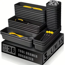 36 - Piece Customizable Desk Drawer Organizer Set with Interlocking Trays - Under 15 Inches (Black and gray)