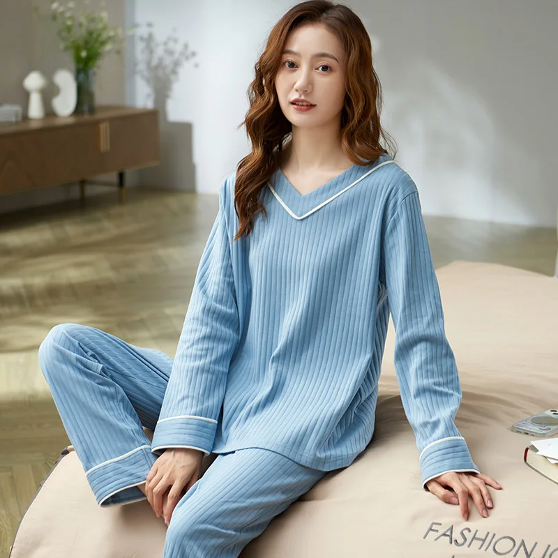 Autumn double-length knitted cotton pit strip round neck pajamas women's casual simple homewear pullover thin 2-piece set