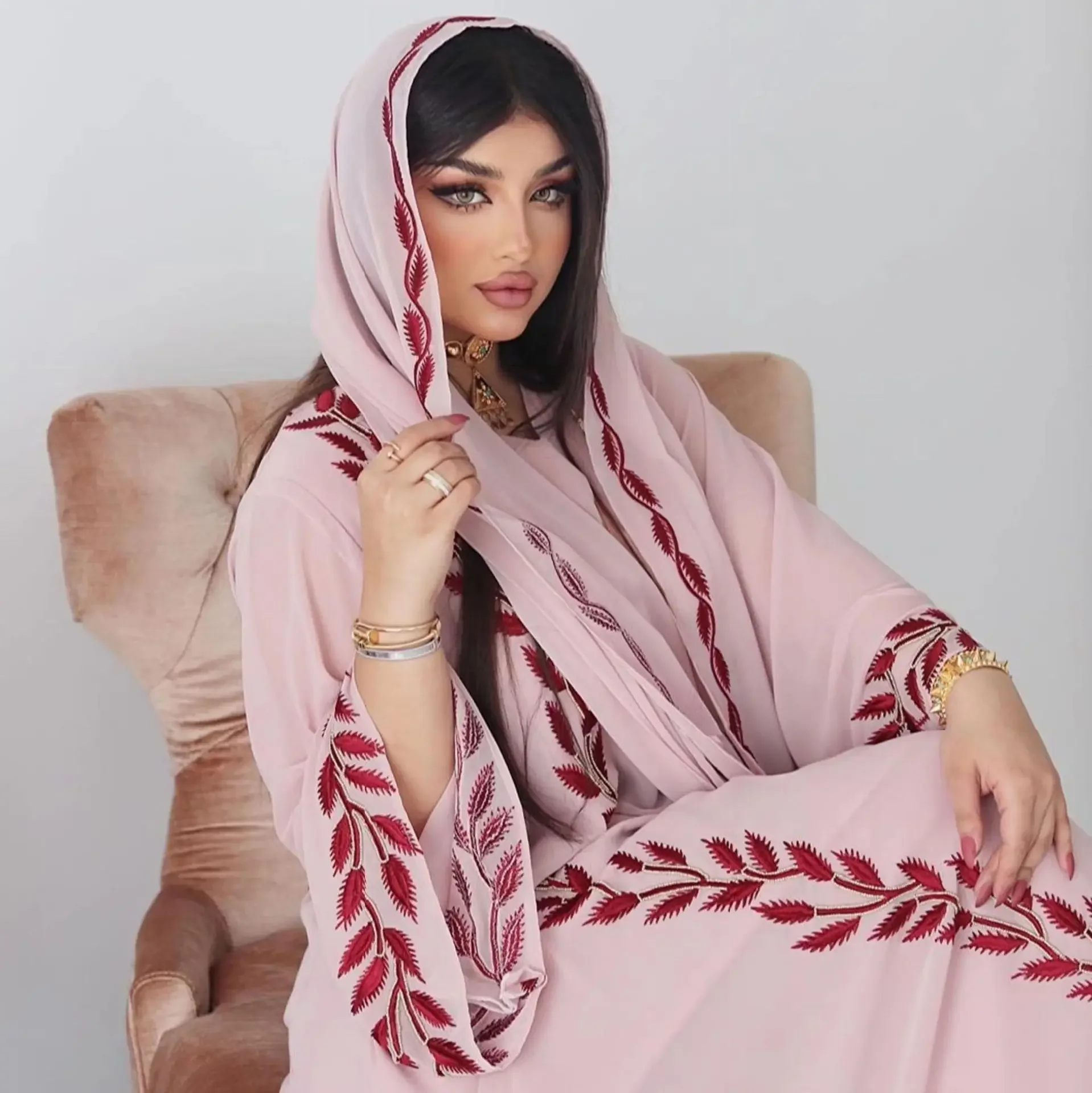 Morocco Abaya with Matching Hijab Set Chiffon Embroidery Muslim Party Long Dress Abayas for Women Dubai Luxury Kaftan Islam Robe