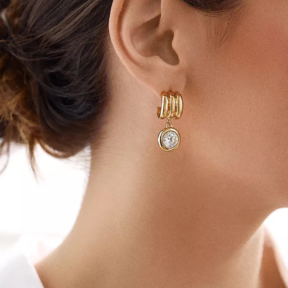 Chic Three Layers CC Piercing Mini Earclip Chunky Circle Zircon Pendant Huggie Hoop Earrings for Women Vintage Jewelry Wholesale