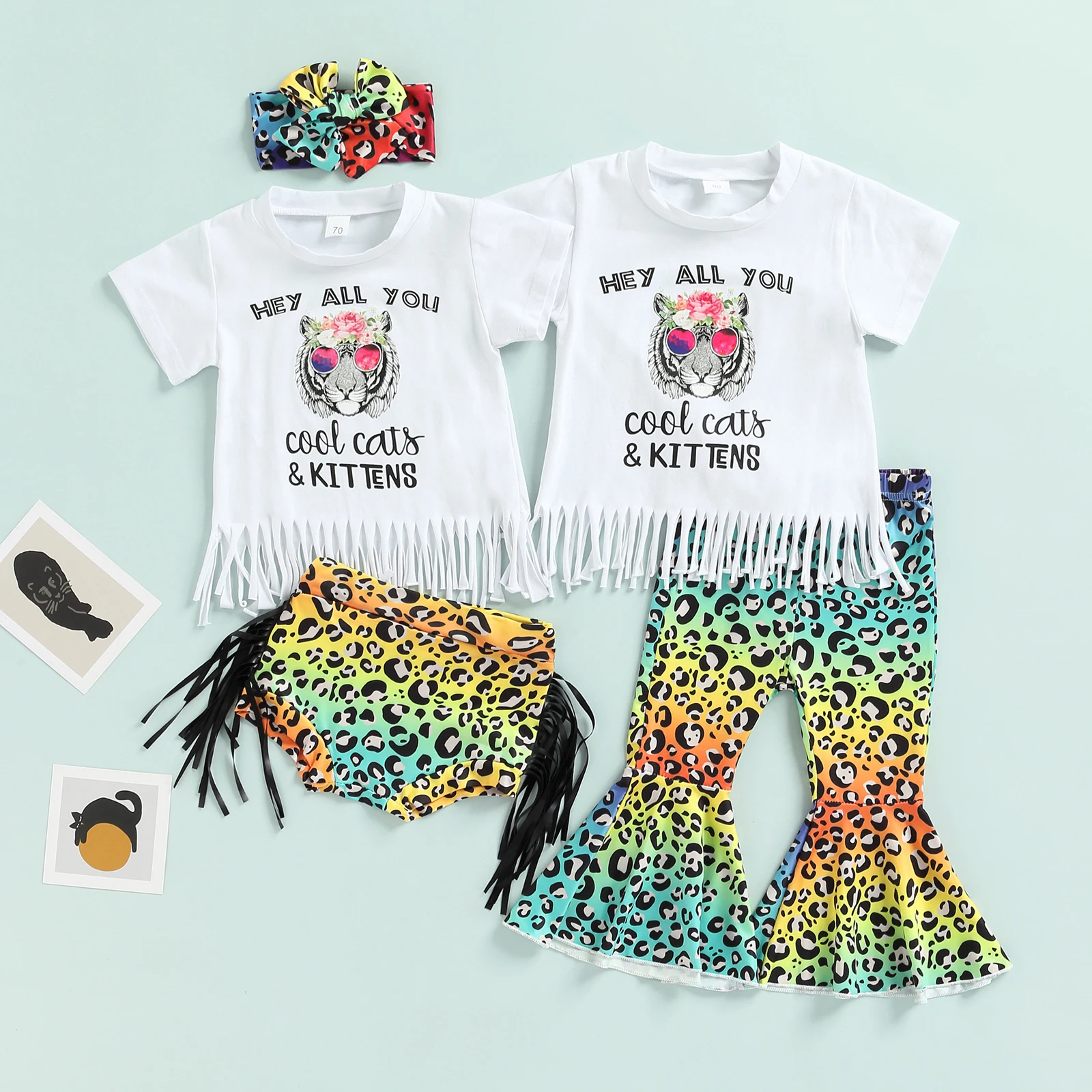 Baby Kids Girl Leopard Tassels Long Sleeve T-shirt+Solid Pants 2Pcs Outfits Set 