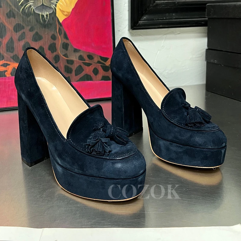 

Early Autumn Super High Heels 2023 New Unique Tassel Decor Platform Female Pumps Round Head Shallow Design Ladies Single Shoes