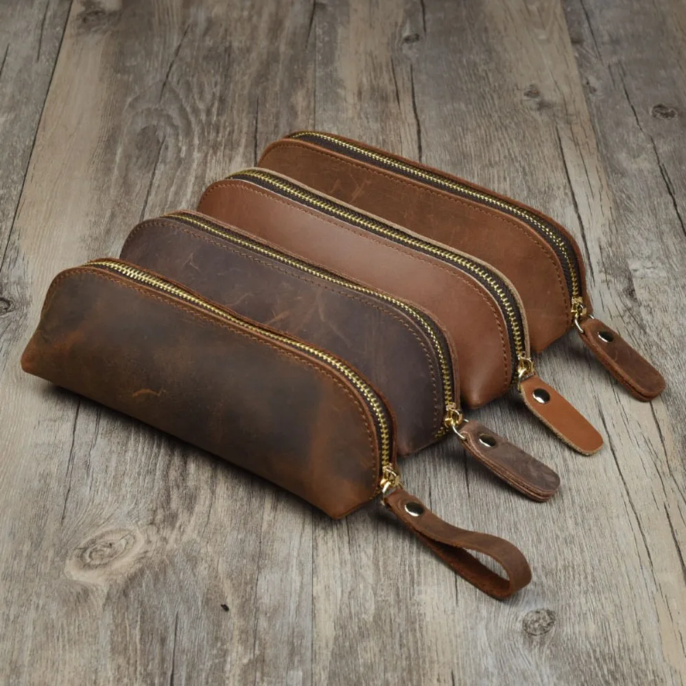 Vintage Leather Pencil Bag Simple Stationery Hoder Pen Case Storage Bag Zipper Pencil Pouch Glasses Box School Supplies 2