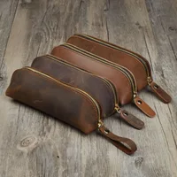 Sac à crayons en cuir Vintage, trousse de papeterie Simple, sac de rangement, pochette à crayons à fermeture éclair, boîte à lunettes, fournitures scolaires 2