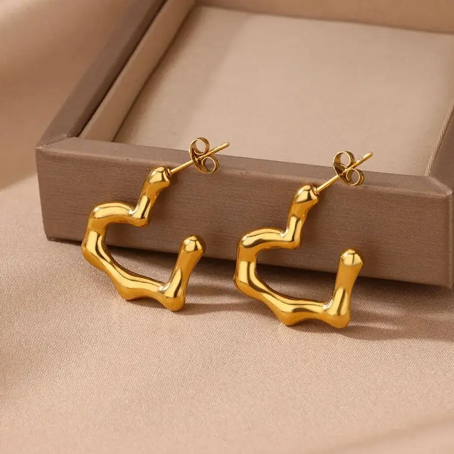 Irregular Heart Stud Earrings Gold Color Stainless Steel