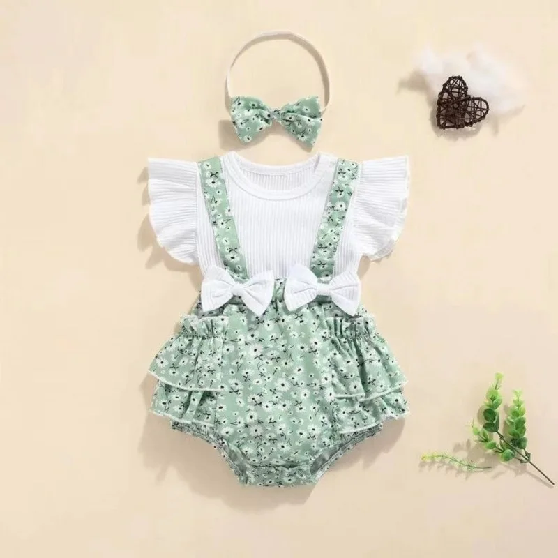 Children's clothing girls clothes set summer baby girl pit strip lace flying sleeve top triangle romper + floral shorts set Baby Clothing Set classic Baby Clothing Set