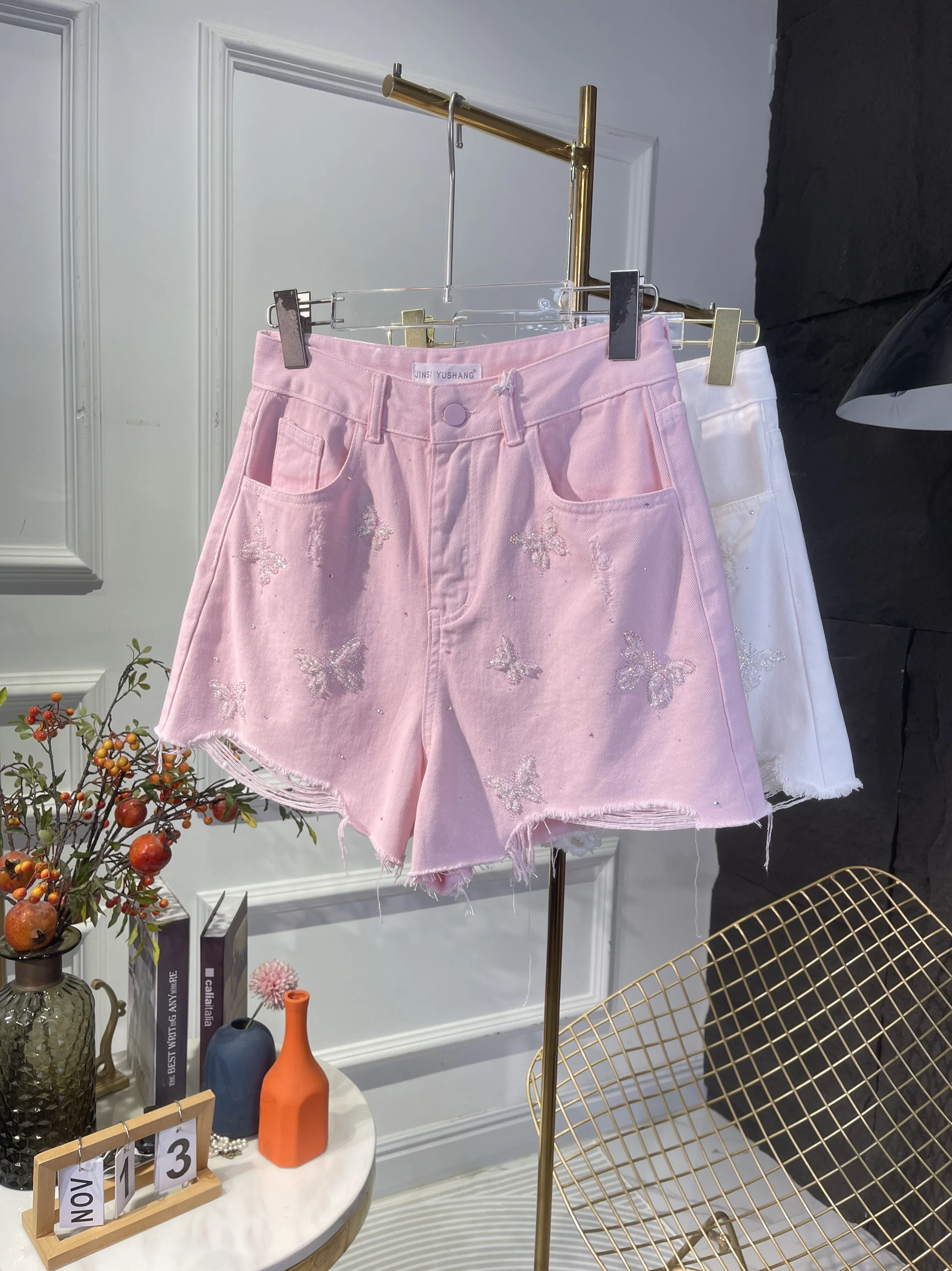 Fashion 2024 Summer New Rhinestone Butterfly Solid Color Long-Sleeve T-shirt Shorts Feminine Elegant Loose Thin Top Women's Sets