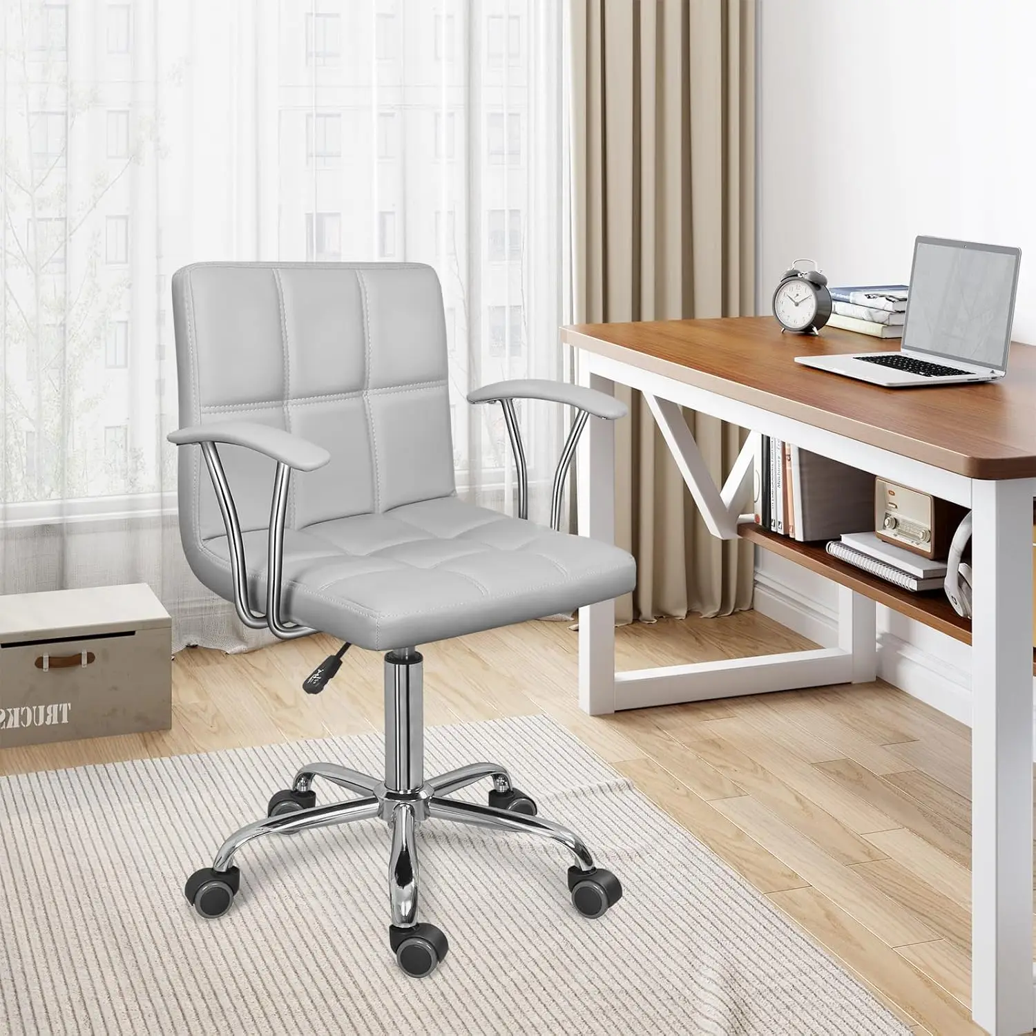 Home Office Desk Chair With Armrest And Wheels, Modern Pu Leather Mid-Back Office Task Chair, Height Adjustable Swivel Computer 2