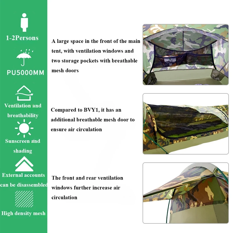 Single Person Camouflage Tunnel Tent Outdoor Camping Portable Lightweight Rainproof Nylon Fabric Aluminum Pole Double Zipper