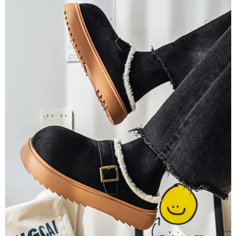 Winter Suede Solid Color Flat Warm Retro Home Style Large-sized Couple's Casual Cotton Shoes for Both Indoor and Outdoor Use