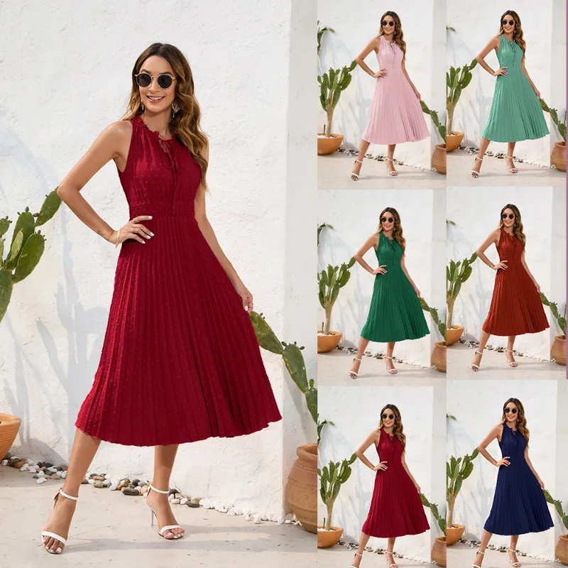 

Tie-up High-waisted Pressed Pleated Dress Sleeveless Summer Temperament Fashion Dresses Women Casual Vacation Travel Long Skirt