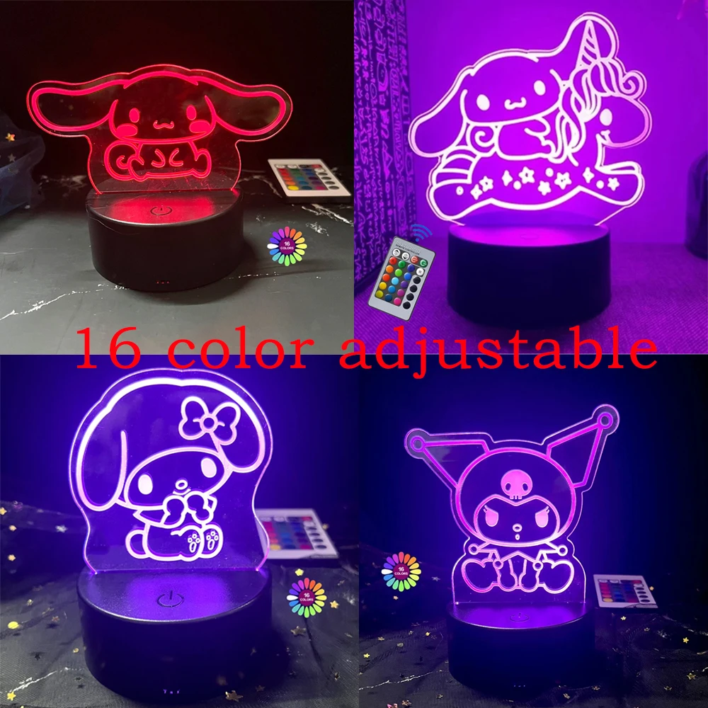 3D 야간 조명 Kuromi Sanrio 애니메이션 캐릭터 7/16 컬러 밴드 원격 제어 LED 야간 조명 침대 룸 장식 생일 선물
