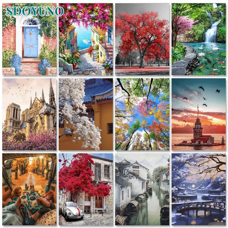 SDOYUNO DIY Paint by Number Landscape Oil Picture Colouring Zero Basis