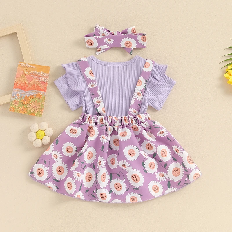 

Baby Girl Summer Set, Round Neck Short Sleeve Ribbed Romper Daisy Print Suspender Skirt Headband Infant Toddler 3 Piece Outfits