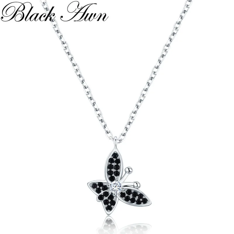 

[BLACK AWN] Silver Color Necklace for Women Butterfly Black Spinel Slide Anima Necklaces Pendants P189
