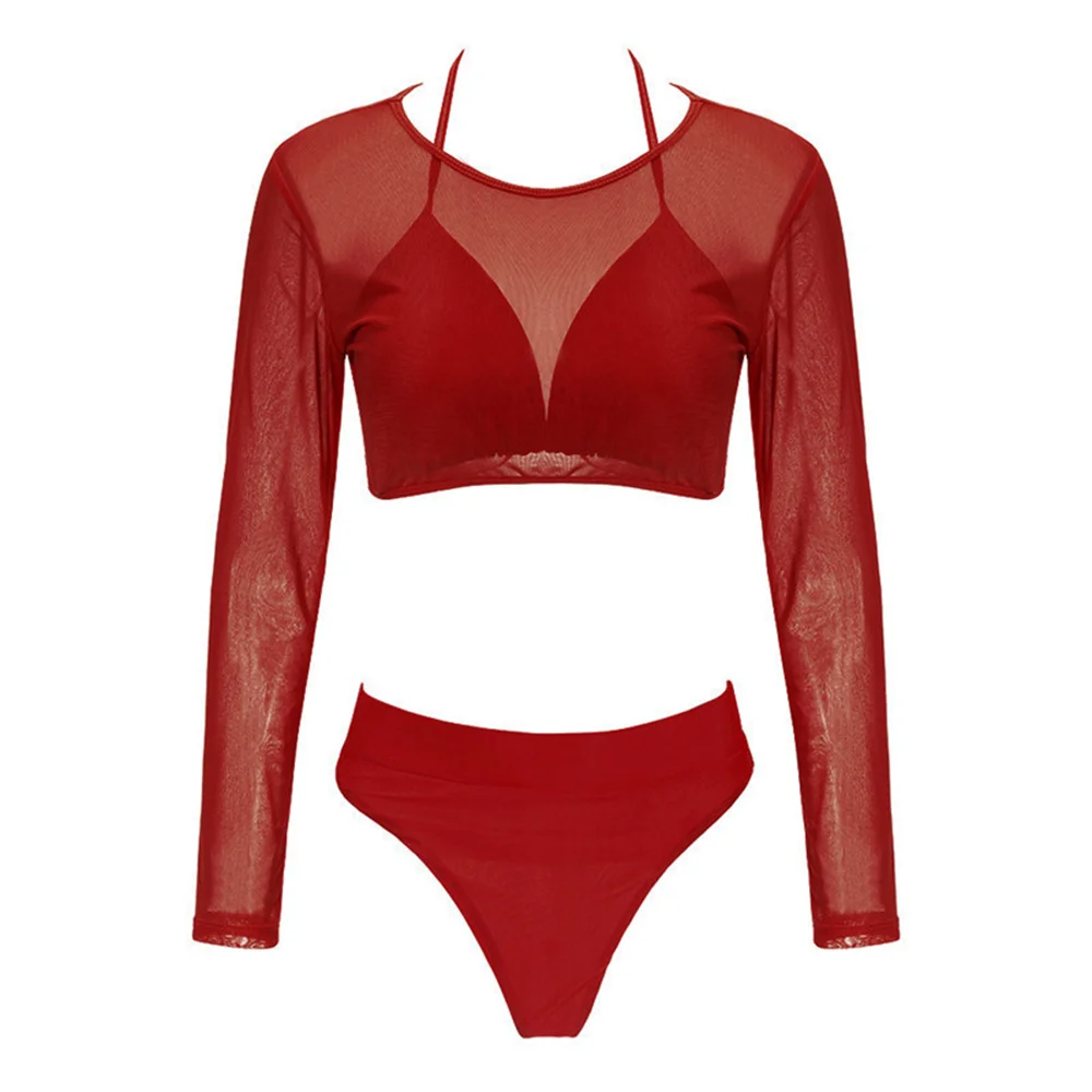 2024 Fashion Women's New Sexy Split Swimwear Three piece Set Mesh Bikini Swimwear Long Sleeves