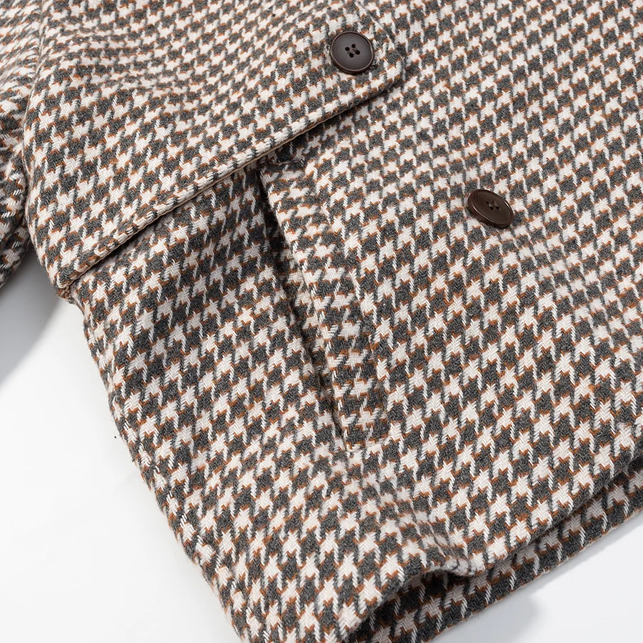 Women Vintage Stand Collar Plaid Coat Female Long Sleeve Double Button Pockets Jacket Autumn Winter Lady Elegant Outwear