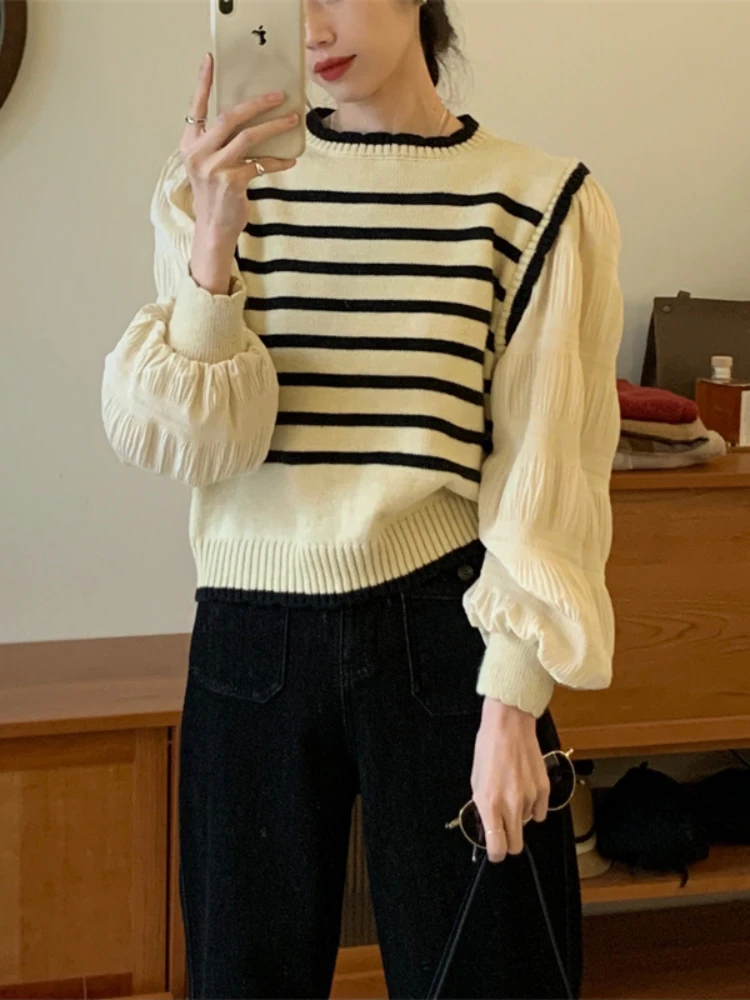 

Sweaters Striped Knitted Pullovers Fake Two Piece Shirt Women's Clothing Jumpers Spring Autumn 2023 New Pullover Sweater Top