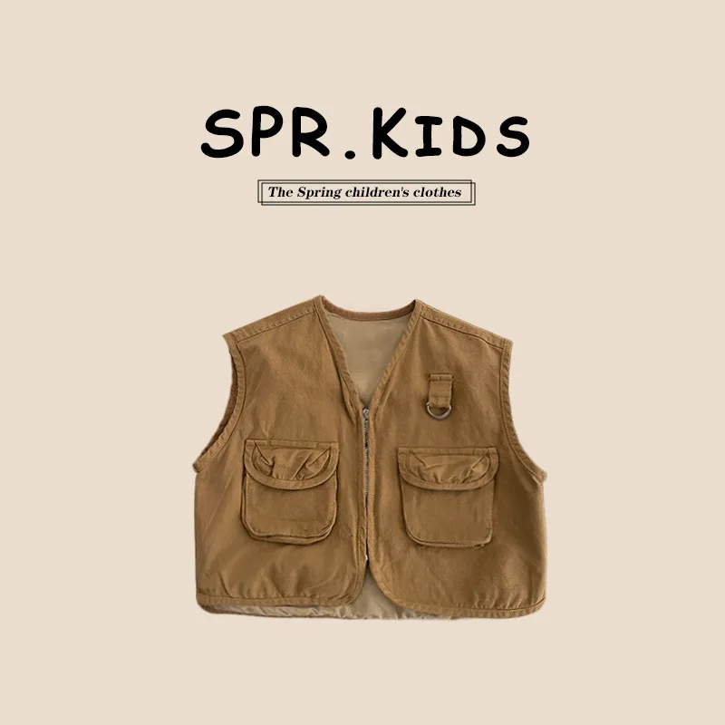 Spring Children Boy Cardigan Vest Cotton V-collar Sleeveless Young Kid Boy Top Solid Zipper Retro Casual Baby Tank Coat