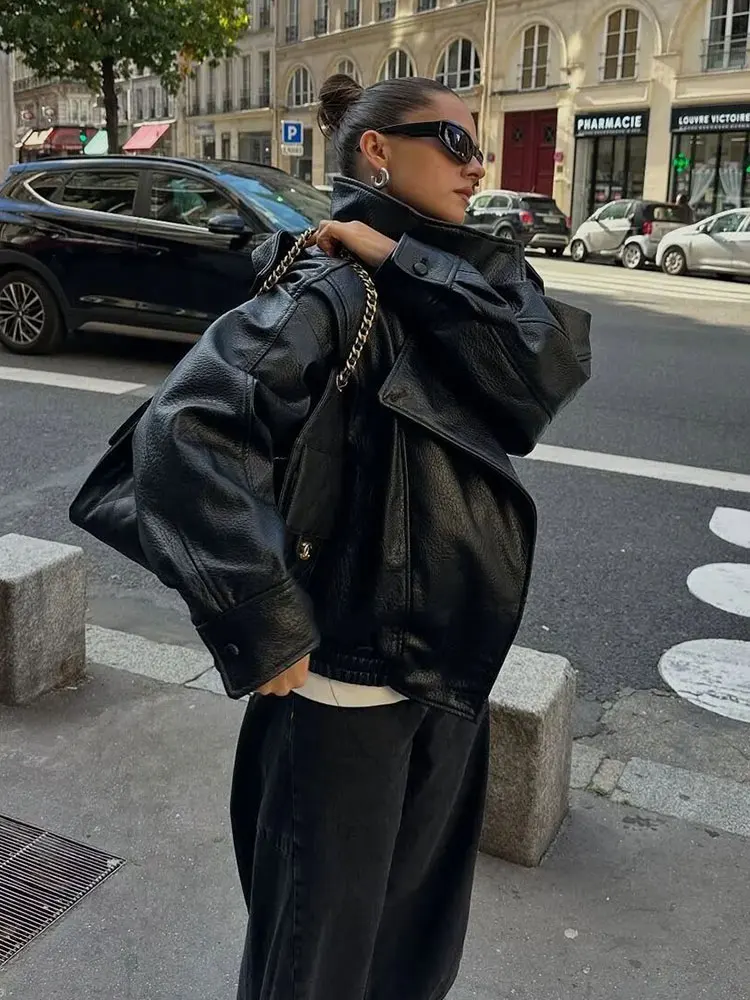 HH Women Fashion Pu Leather Bomber Jackets Stand Collar Long Sleeve Zipper Jacket Fashion High Street Lady Outwears Chic Coat