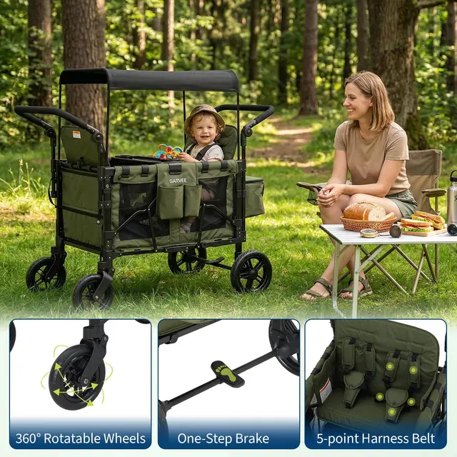 Poussette pliable 4 places tout-terrain pour enfants avec auvent, plateau à collation, harnais 5 points, capacité de charge de 150 kg 1