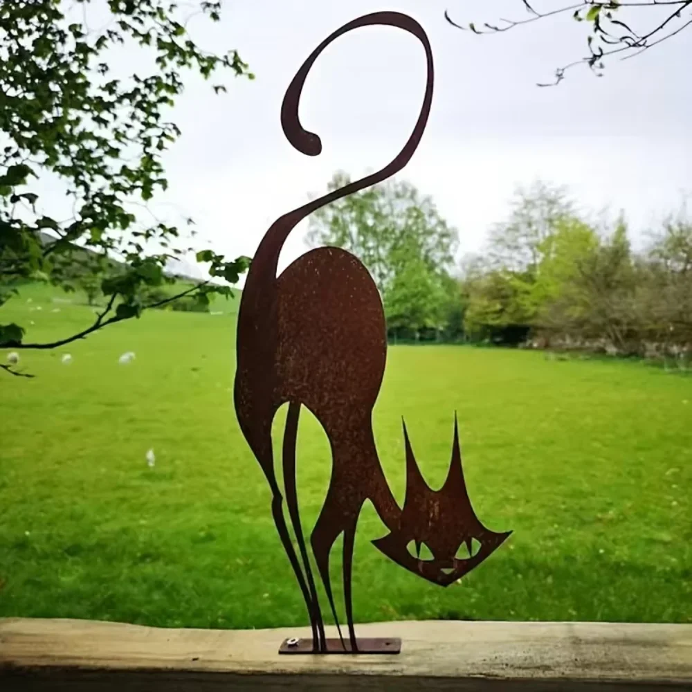 Rusty Wrought Iron Cat Halloween Fence Ornament - Garden Decor