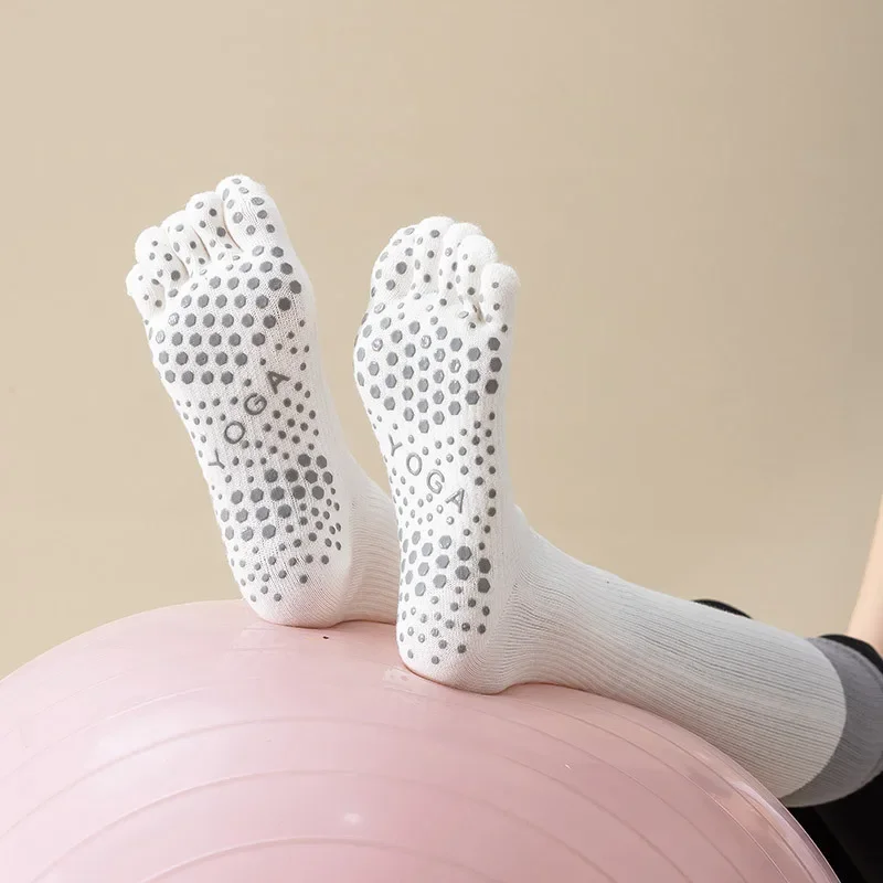 Chaussettes de yoga professionnelles à cinq orteils pour femmes, en silicone, anti-alde, fitness, sport, en coton, couleur unie