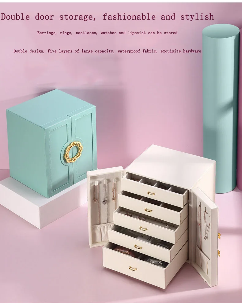 Multi-Layer Desktop Home Leather Drawer Large Capacity Earrings Necklace Jewelry Storage Box